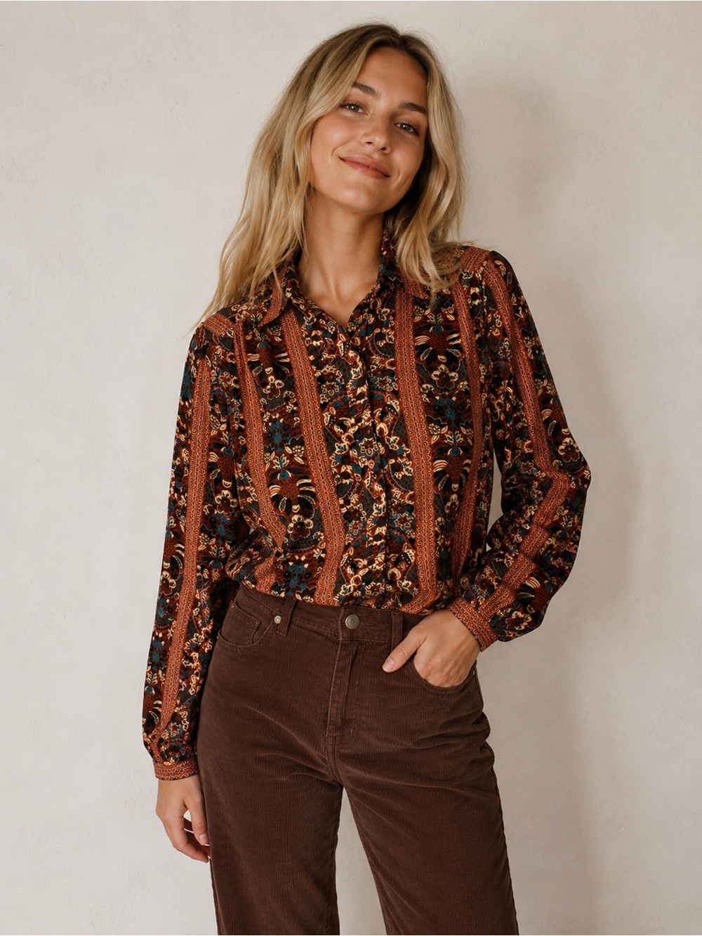 Vintage Joyce Button Up Shirt Womens Size 12 Brown 70's Retro Office Wear